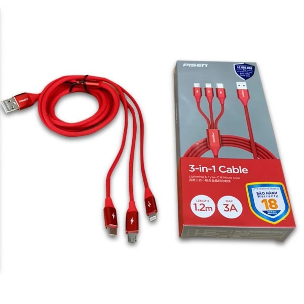 Cáp sạc Pisen 3 in 1 USB-A to (Lightning/ Type-C/ Micro) Cáp sạc Pisen 3 in 1 USB-A to (Lightning/ Type-C/ Micro)